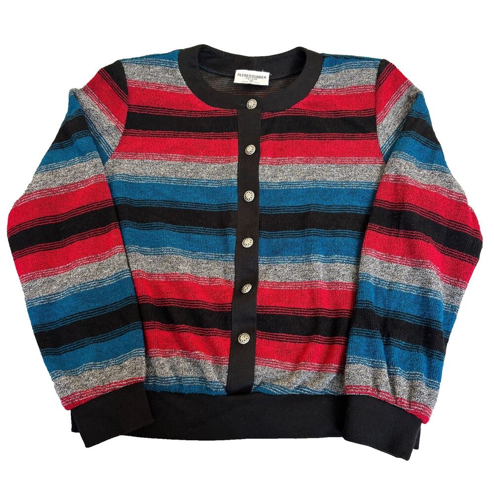 Vintage Alfred Dunner Petite M USA Made Striped Knit Cardigan Sweater Retro 80s
